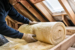 Pose de laine de verre épaisse dans les combles d'une maison en rénovation