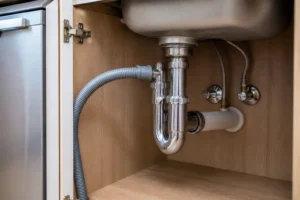 Tuyau de vidange de lave-vaisselle raccordé sur siphon sous évier de cuisine