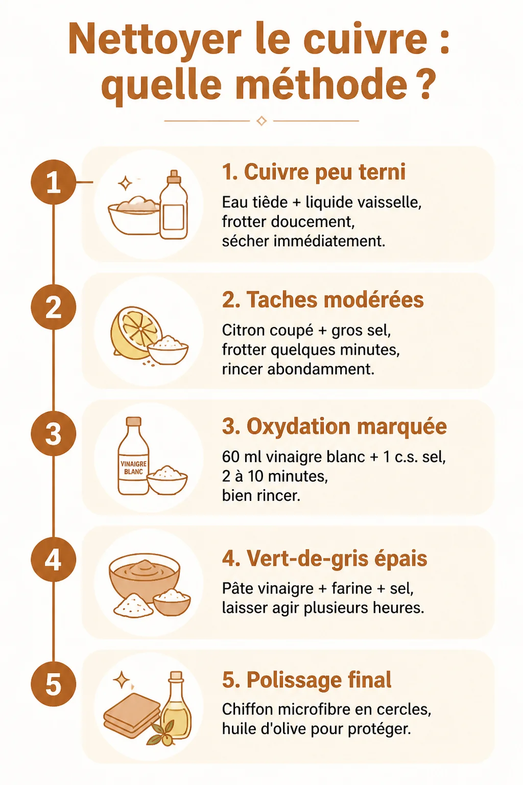 Nettoyer le cuivre : quelle méthode ? : 1. Cuivre peu terni, 2. Taches modérées, 3. Oxydation marquée, 4. Vert-de-gris épais, 5. Polissage final