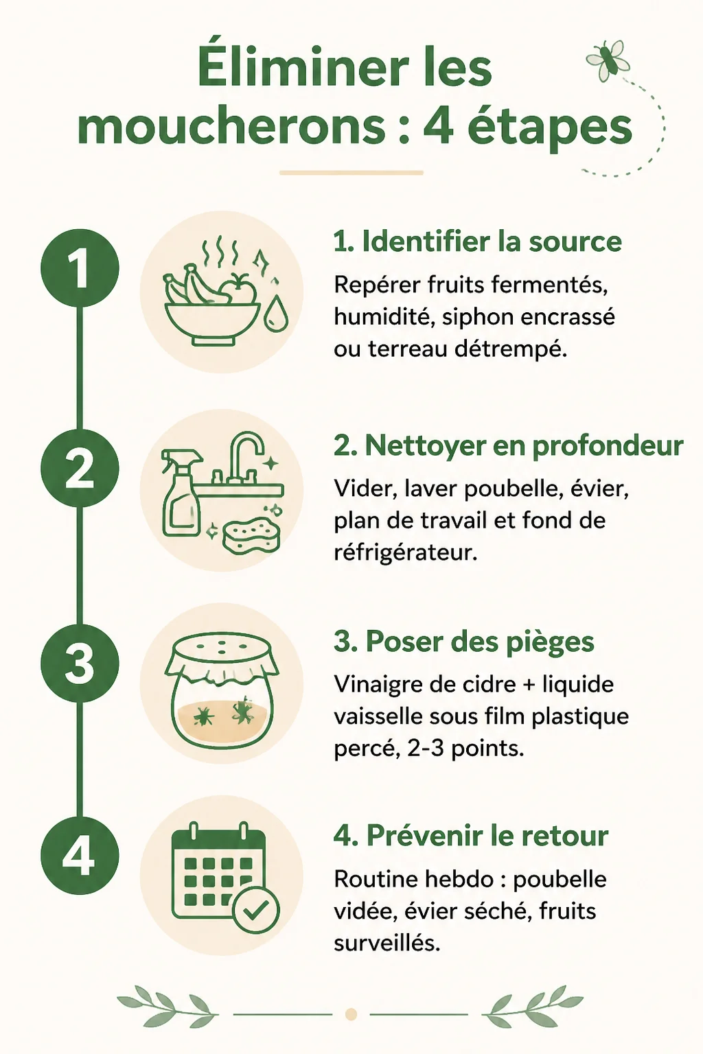 Éliminer les moucherons : 4 étapes : 1. Identifier la source, 2. Nettoyer en profondeur, 3. Poser des pièges, 4. Prévenir le retour