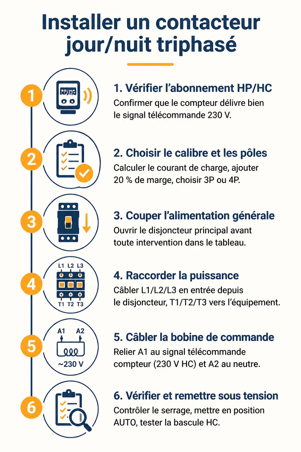 Installer un contacteur jour/nuit triphasé : 1. Vérifier l'abonnement HP/HC, 2. Choisir le calibre et les pôles, 3. Couper l'alimentation générale, 4. Raccorder la puissance, 5. Câbler la bobine de commande, 6. Vérifier et remettre sous tension