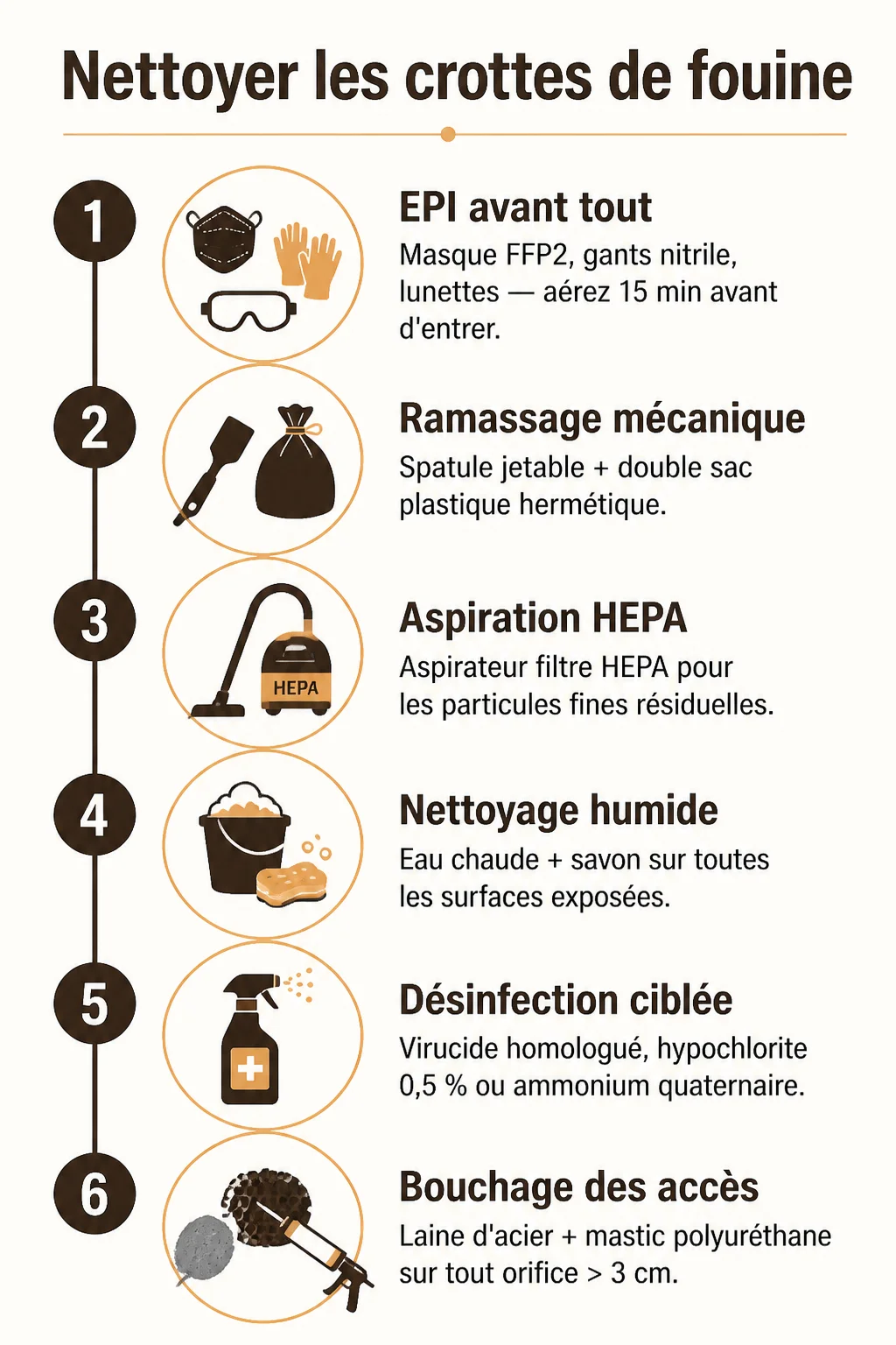 Nettoyer les crottes de fouine : 1. EPI avant tout, 2. Ramassage mécanique, 3. Aspiration HEPA, 4. Nettoyage humide, 5. Désinfection ciblée, 6. Bouchage des accès