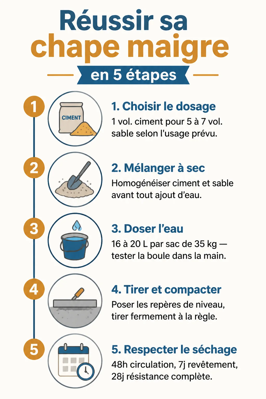 Réussir sa chape maigre en 5 étapes : 1. 1. Choisir le dosage, 2. 2. Mélanger à sec, 3. 3. Doser l'eau, 4. 4. Tirer et compacter, 5. 5. Respecter le séchage