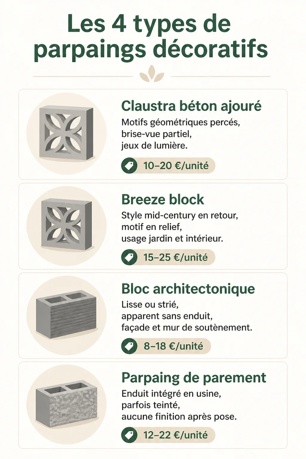 Les 4 types de parpaings décoratifs : Claustra béton ajouré, Breeze block, Bloc architectonique, Parpaing de parement