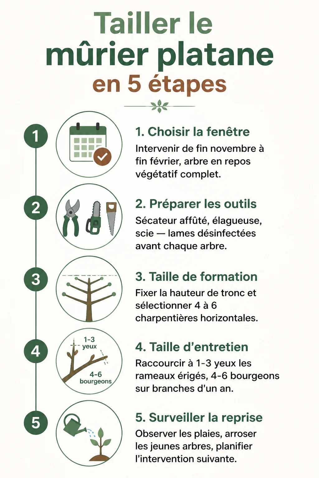 Tailler le mûrier platane en 5 étapes : 1. Choisir la fenêtre, 2. Préparer les outils, 3. Taille de formation, 4. Taille d'entretien, 5. Surveiller la reprise