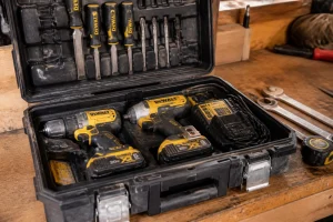 Coffre d'outillage professionnel ouvert avec perceuse sans fil et outils à main sur établi en bois