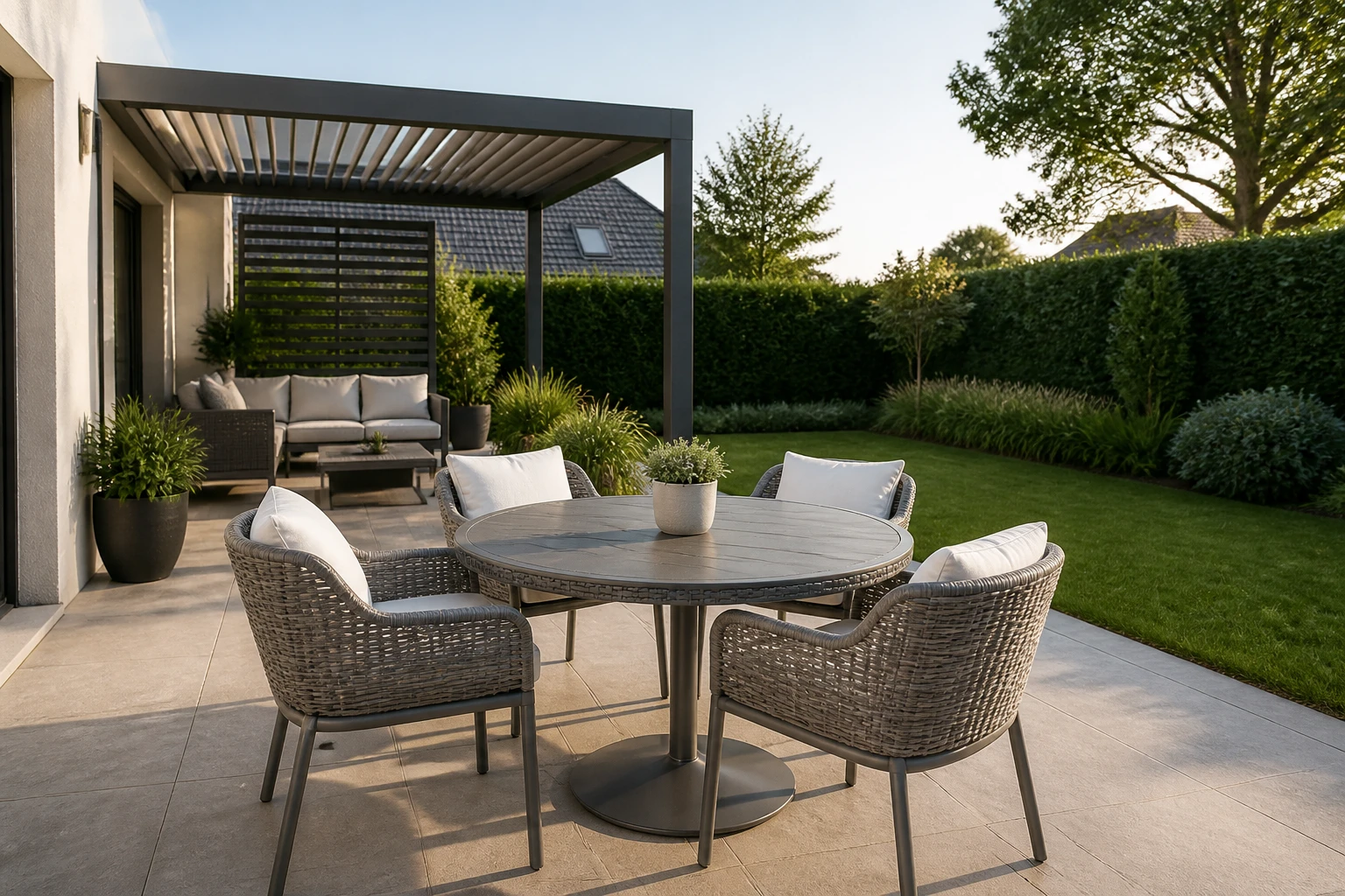 Salon de jardin en résine tressée sur terrasse moderne avec pergola et jardin soigné