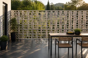 Mur claustra en béton blanc décoratif dans un jardin contemporain avec jeux d'ombres géométriques en fin de journée