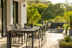 Salon de jardin design en aluminium sur une terrasse ensoleillée, style scandinave moderne