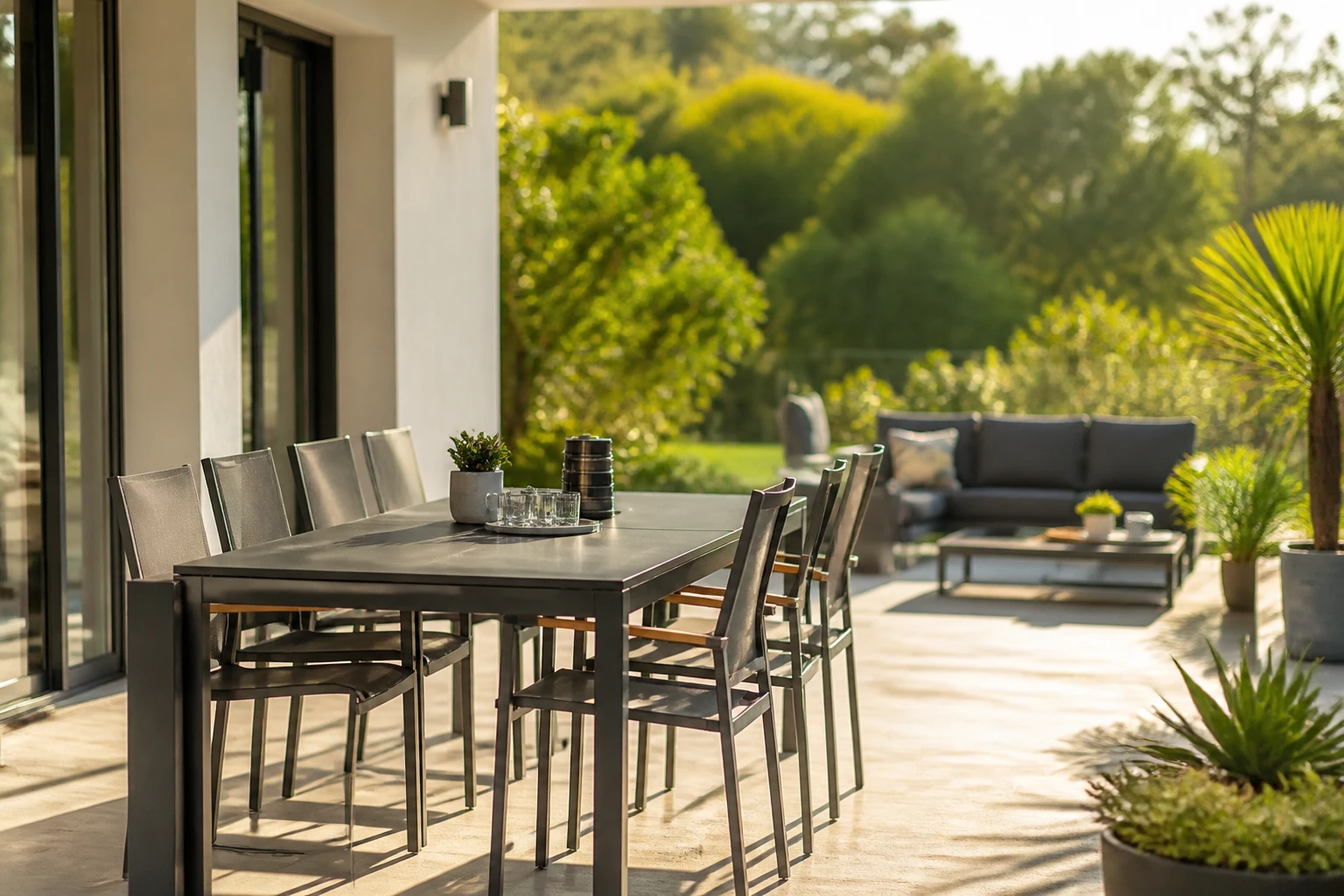 Salon de jardin design en aluminium sur une terrasse ensoleillée, style scandinave moderne