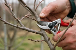 Taille soigneuse d'un mûrier platane en hiver avec un sécateur bien affûté, bourgeons dormants visibles sur l'écorce grise
