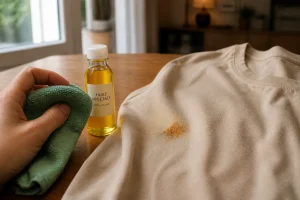 Chiffon microfibre et huile végétale utilisés pour enlever une tache de résine sur un vêtement en coton