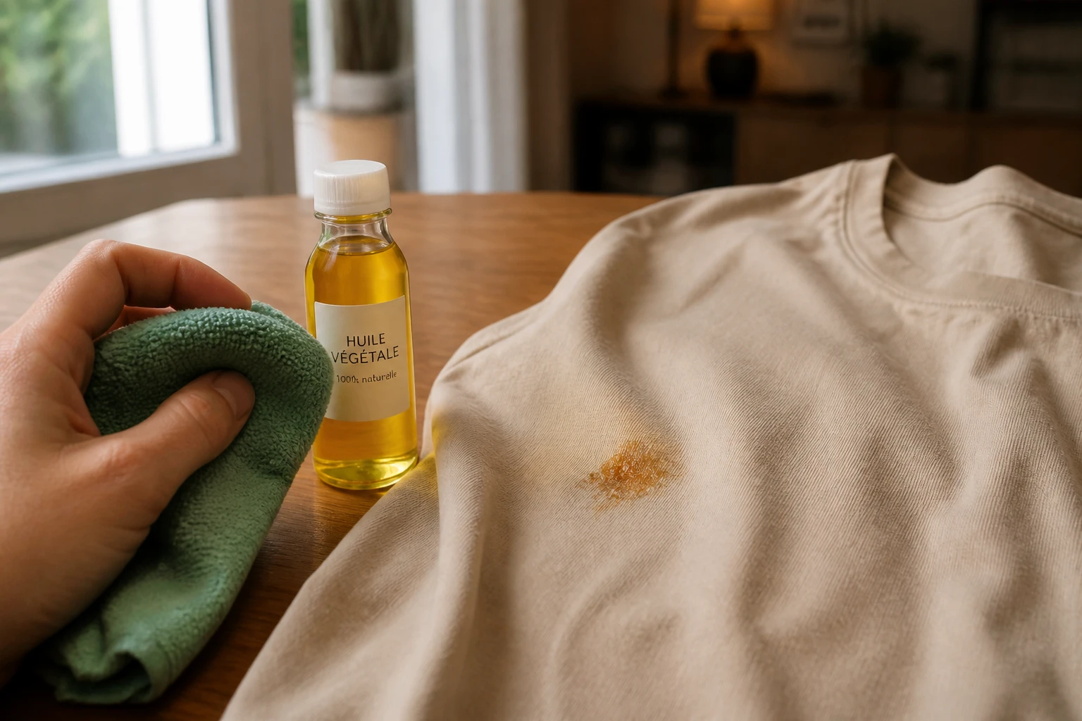 Chiffon microfibre et huile végétale utilisés pour enlever une tache de résine sur un vêtement en coton