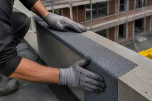 Pose d'une bande adhésive d'étanchéité Trapco sur un acrotère de toiture terrasse