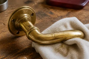 Nettoyage d'une poignée en laiton doré avec un chiffon microfibre blanc sur un établi en bois