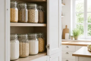 Placard de cuisine avec bocaux hermétiques rangés pour éviter le retour des mites alimentaires