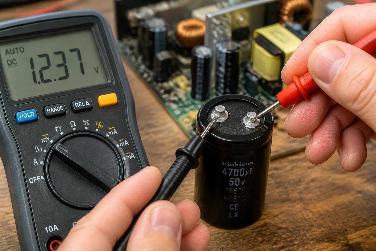 Multimètre testant un condensateur électrolytique sur un établi d'atelier avec circuit imprimé en arrière-plan