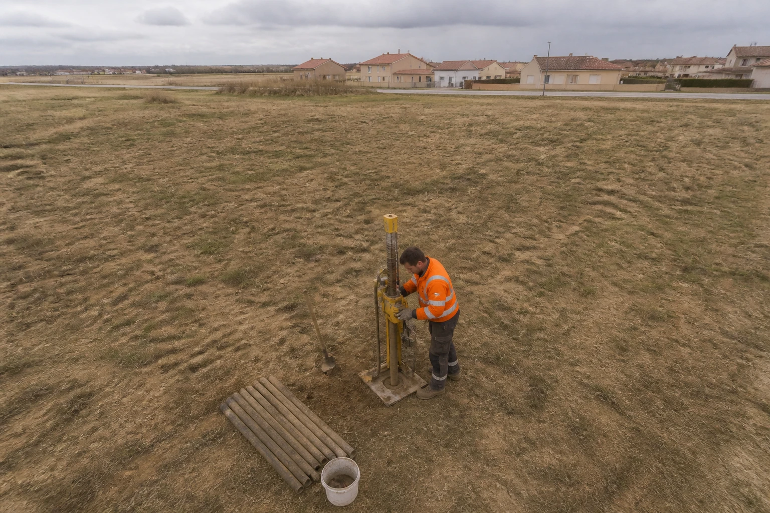 Géotechnicien réalisant un sondage de sol G1 sur un terrain constructible avec équipement de carottage