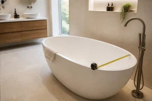 Baignoire îlot blanche dans une salle de bains lumineuse avec mètre ruban sur le rebord