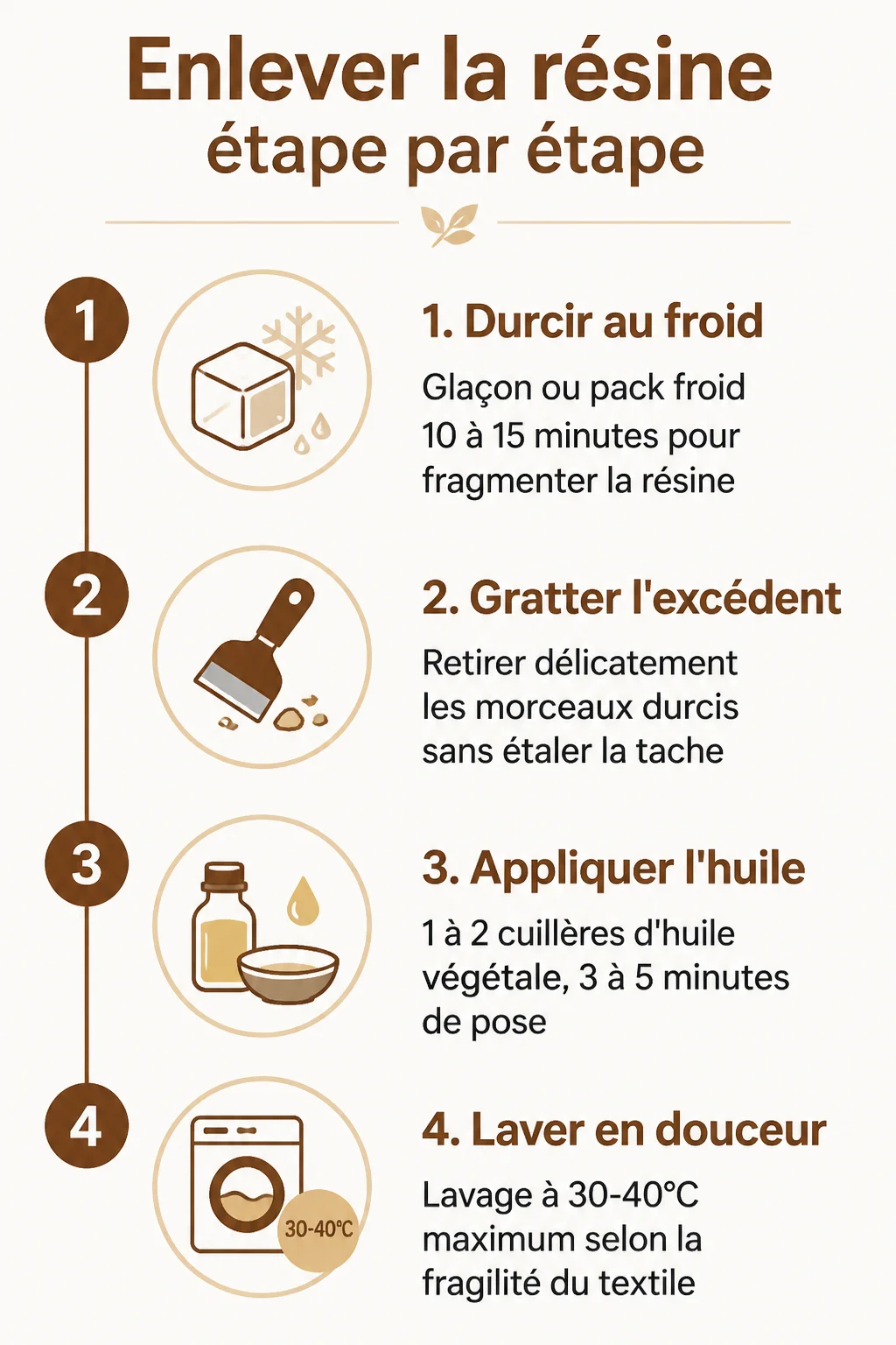 Enlever la résine étape par étape : 1. Durcir au froid, 2. Gratter l'excédent, 3. Appliquer l'huile, 4. Laver en douceur