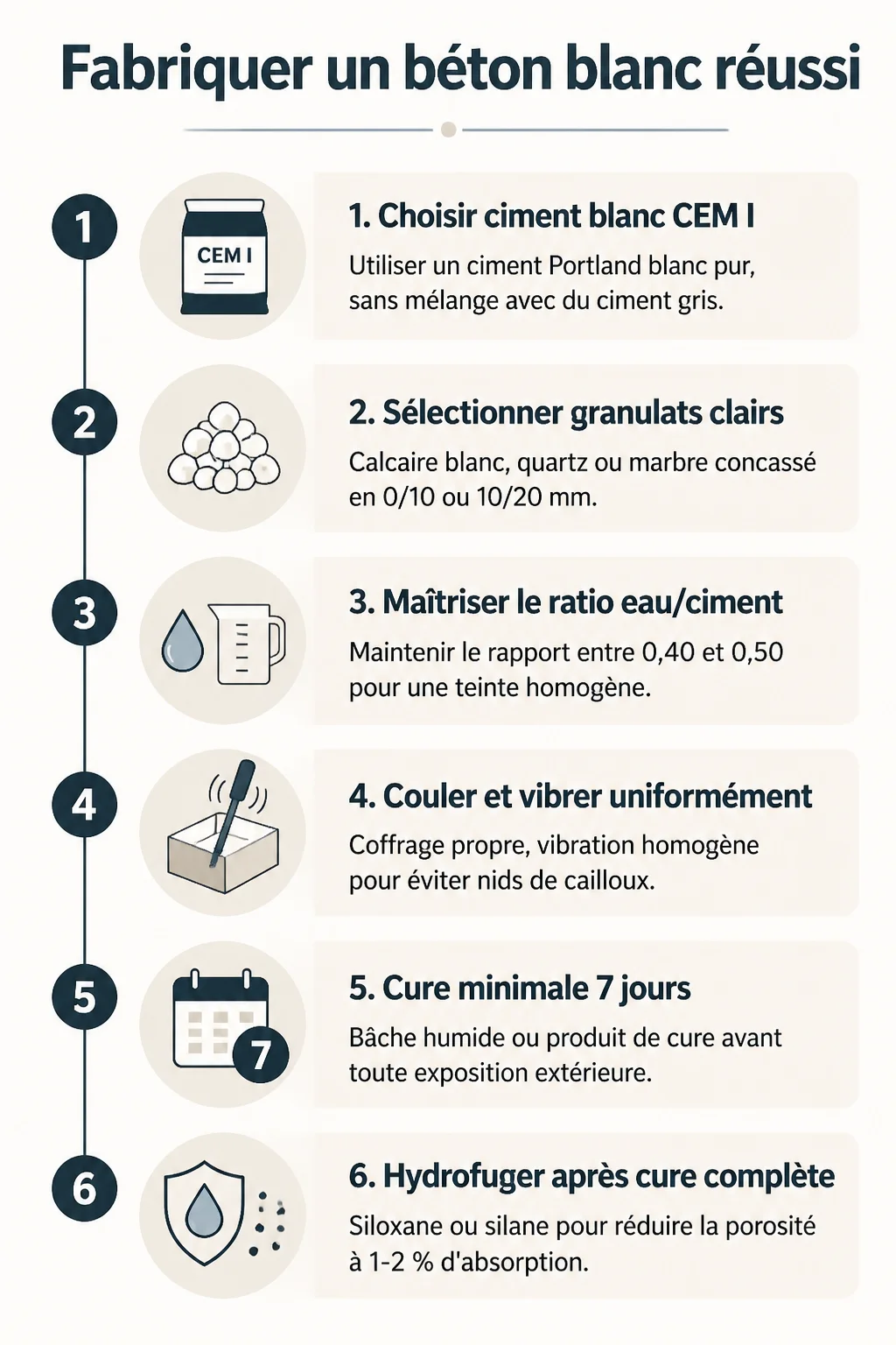 Fabriquer un béton blanc réussi : 1. Choisir ciment blanc CEM I, 2. Sélectionner granulats clairs, 3. Maîtriser le ratio eau/ciment, 4. Couler et vibrer uniformément, 5. Cure minimale 7 jours, 6. Hydrofuger après cure complète