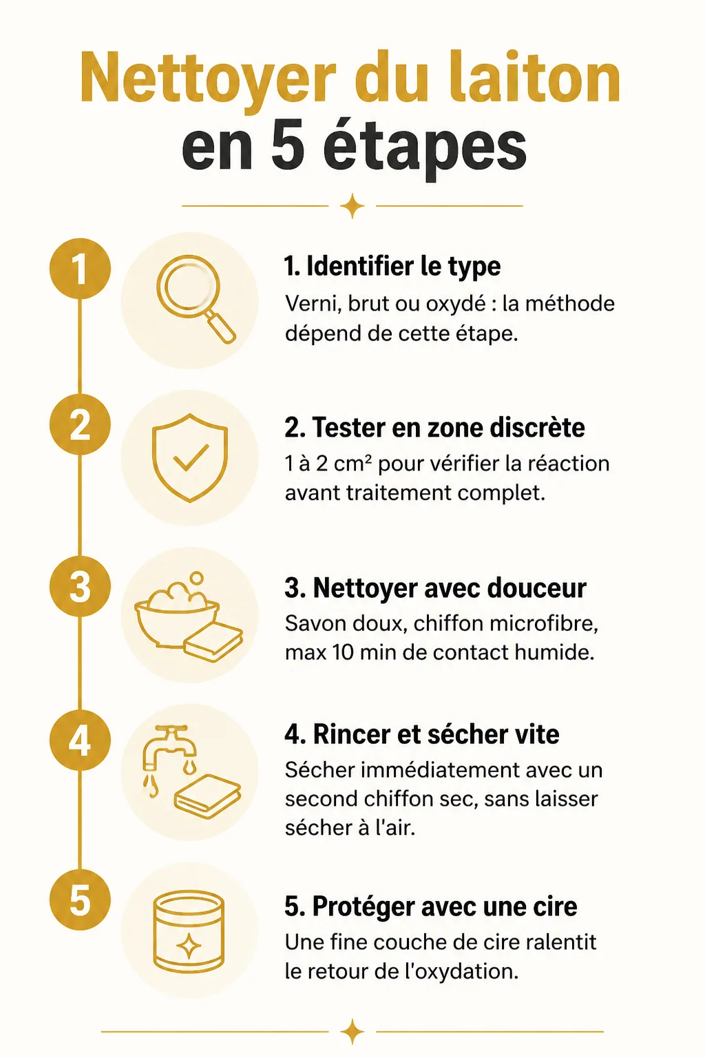 Nettoyer du laiton en 5 étapes : 1. Identifier le type, 2. Tester en zone discrète, 3. Nettoyer avec douceur, 4. Rincer et sécher vite, 5. Protéger avec une cire
