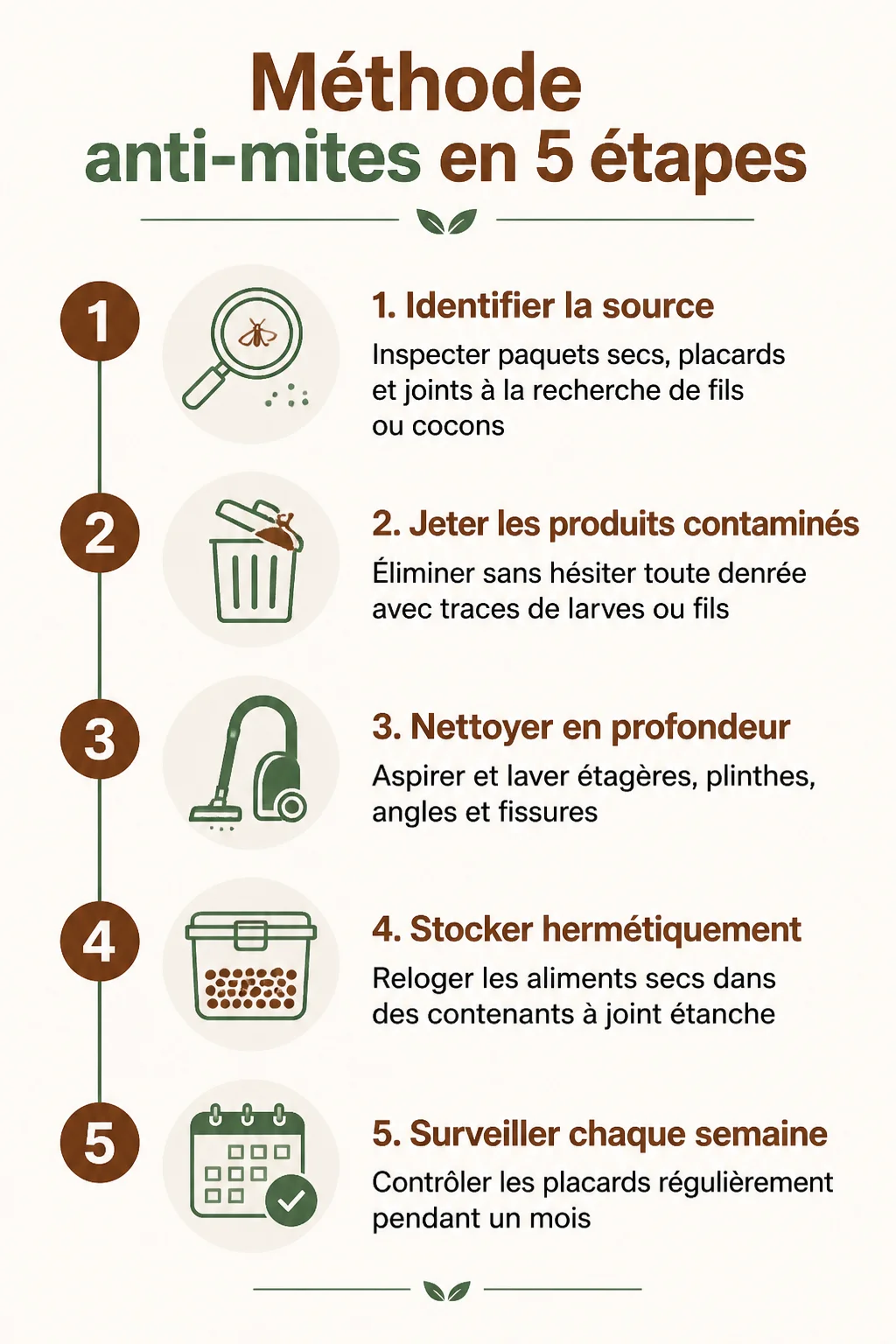 Méthode anti-mites en 5 étapes : 1. Identifier la source, 2. Jeter les produits contaminés, 3. Nettoyer en profondeur, 4. Stocker hermétiquement, 5. Surveiller chaque semaine