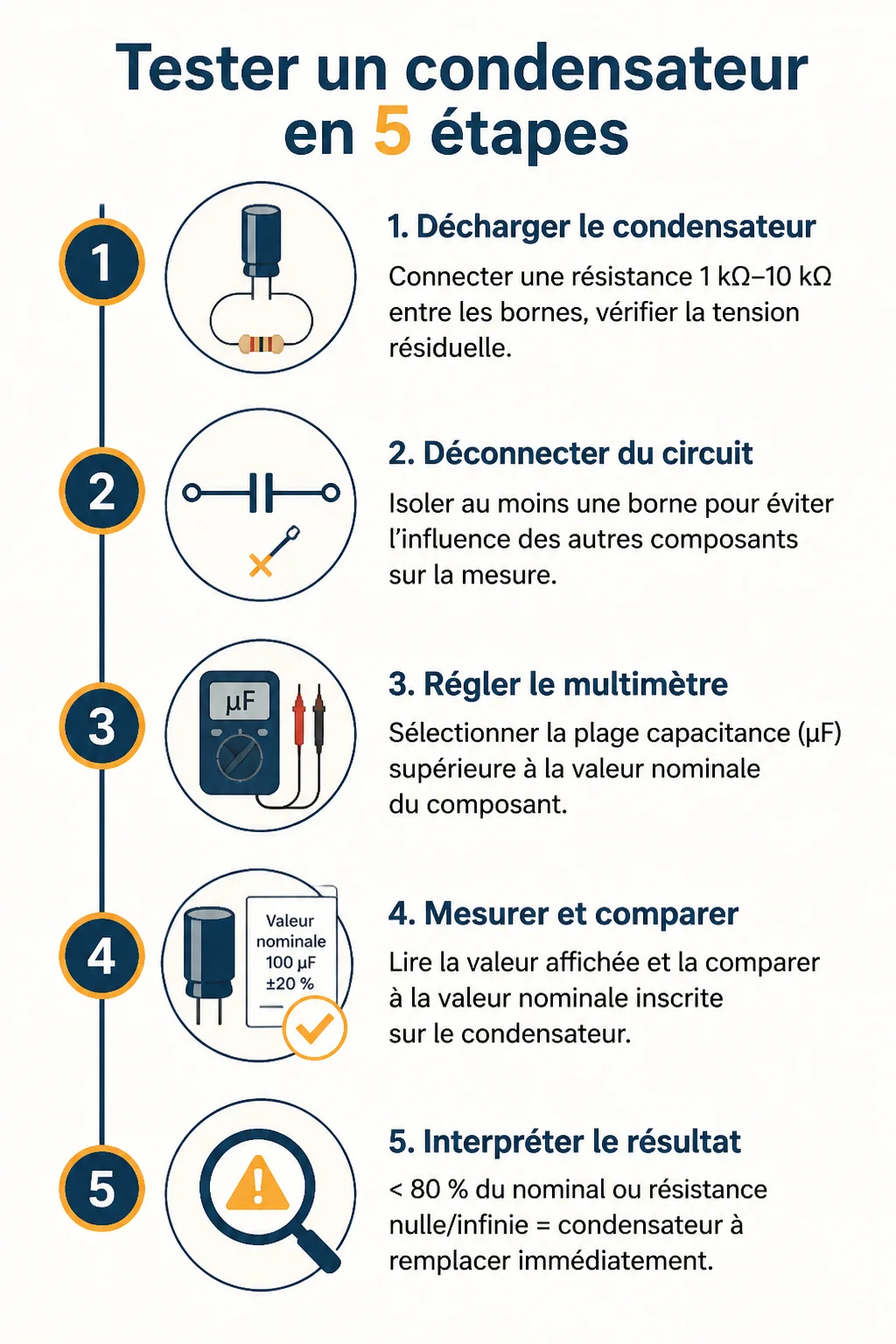 Tester un condensateur en 5 étapes : 1. Décharger le condensateur, 2. Déconnecter du circuit, 3. Régler le multimètre, 4. Mesurer et comparer, 5. Interpréter le résultat