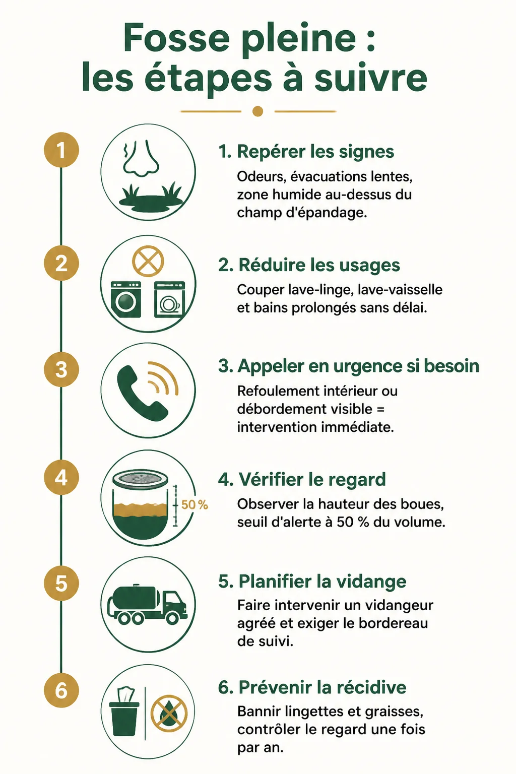 Fosse pleine : les étapes à suivre : 1. Repérer les signes, 2. Réduire les usages, 3. Appeler en urgence si besoin, 4. Vérifier le regard, 5. Planifier la vidange, 6. Prévenir la récidive