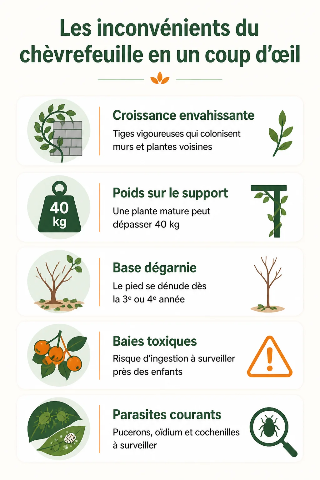 Les inconvénients du chèvrefeuille en un coup d'œil : Croissance envahissante, Poids sur le support, Base dégarnie, Baies toxiques, Parasites courants