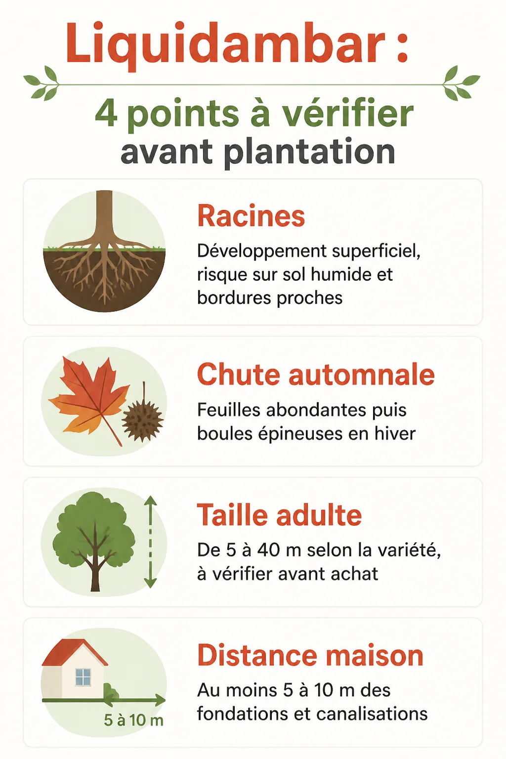 Liquidambar : 4 points à vérifier avant plantation : Racines, Chute automnale, Taille adulte, Distance maison