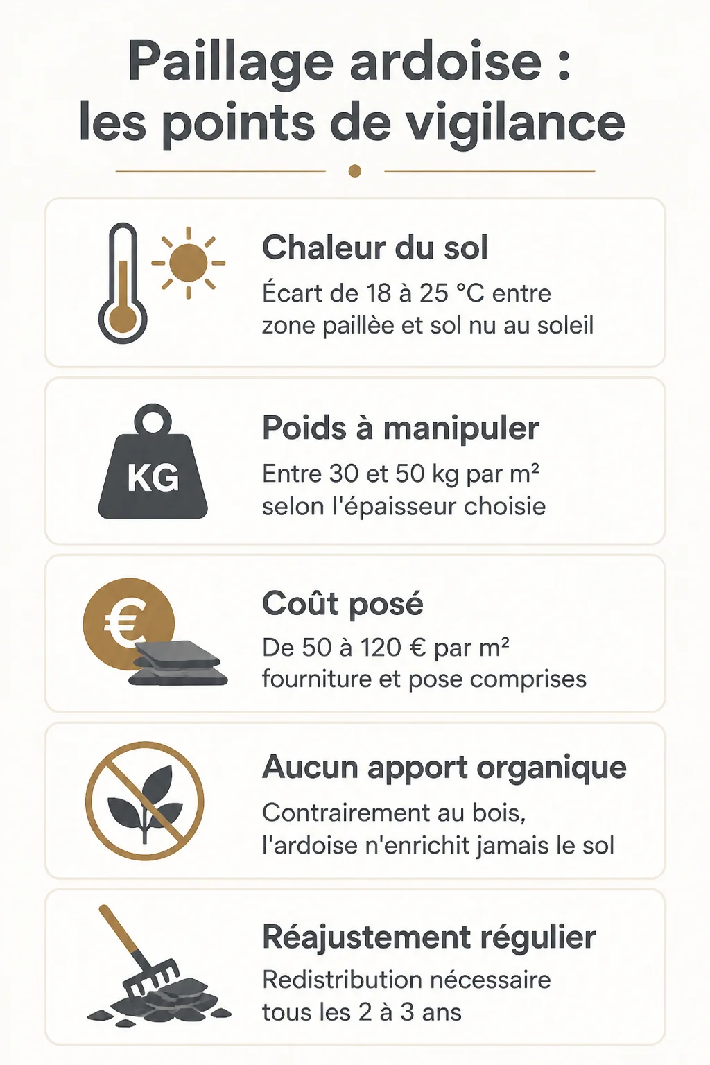 Paillage ardoise : les points de vigilance : Chaleur du sol, Poids à manipuler, Coût posé, Aucun apport organique, Réajustement régulier