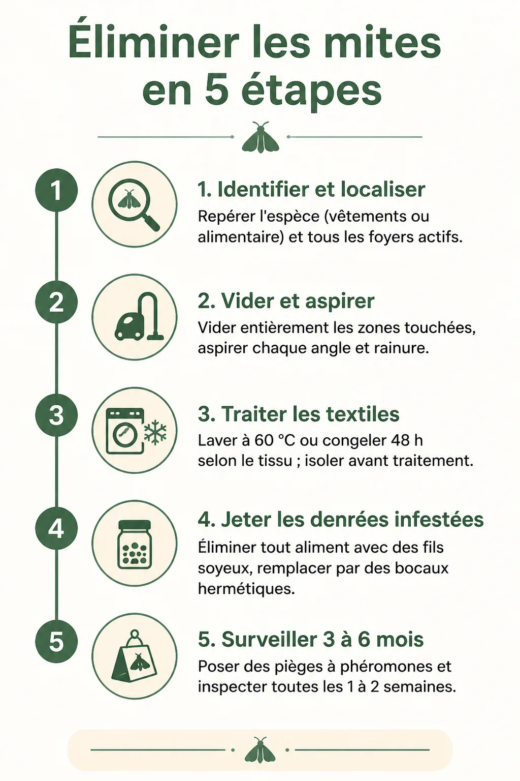 Éliminer les mites en 5 étapes : 1. Identifier et localiser, 2. Vider et aspirer, 3. Traiter les textiles, 4. Jeter les denrées infestées, 5. Surveiller 3 à 6 mois