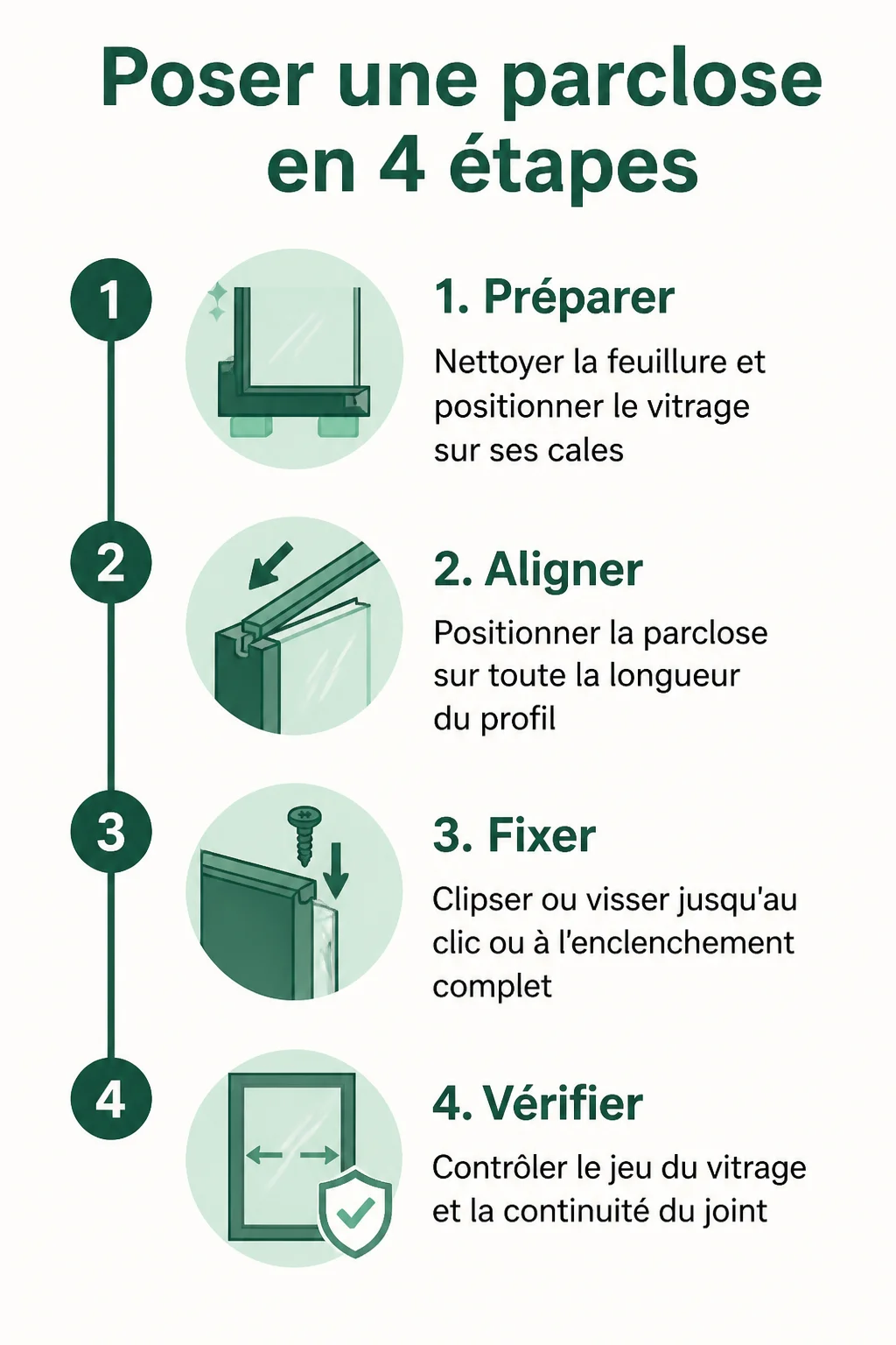 Poser une parclose en 4 étapes : 1. Préparer, 2. Aligner, 3. Fixer, 4. Vérifier