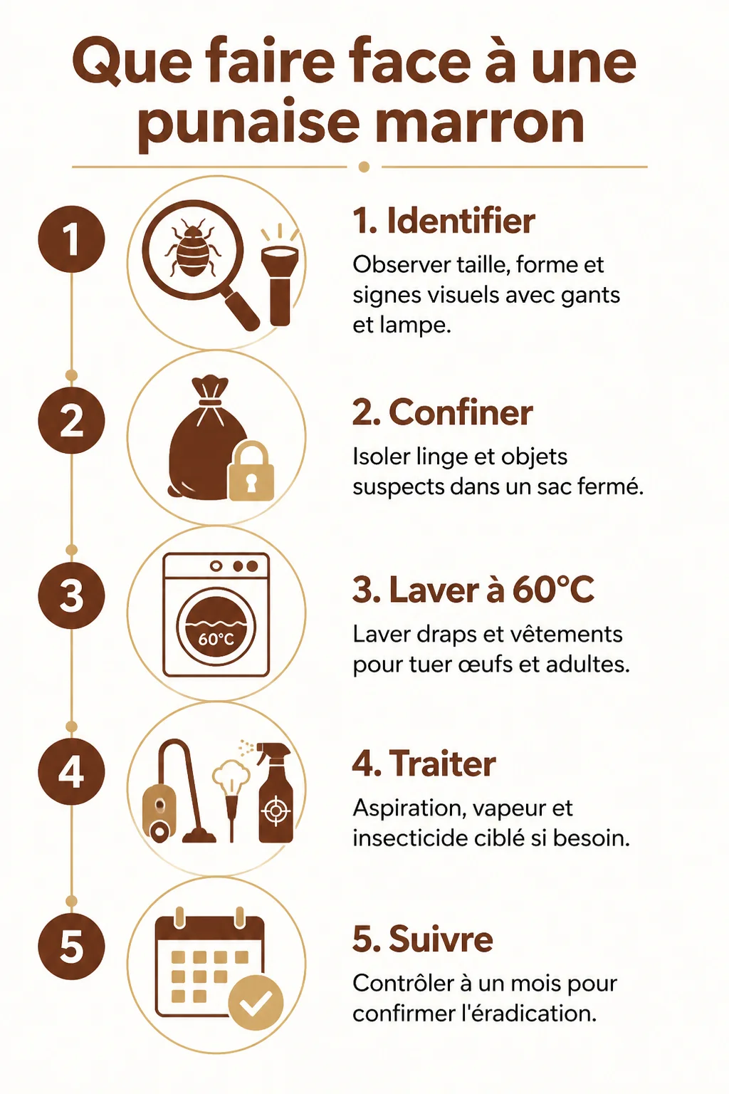 Que faire face à une punaise marron : 1. Identifier, 2. Confiner, 3. Laver à 60°C, 4. Traiter, 5. Suivre