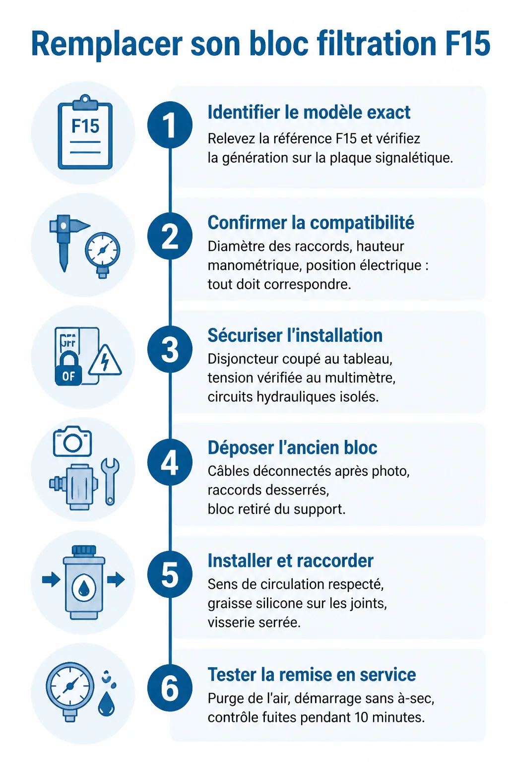 Remplacer son bloc filtration F15 : 1. Identifier le modèle exact, 2. Confirmer la compatibilité, 3. Sécuriser l'installation, 4. Déposer l'ancien bloc, 5. Installer et raccorder, 6. Tester la remise en service