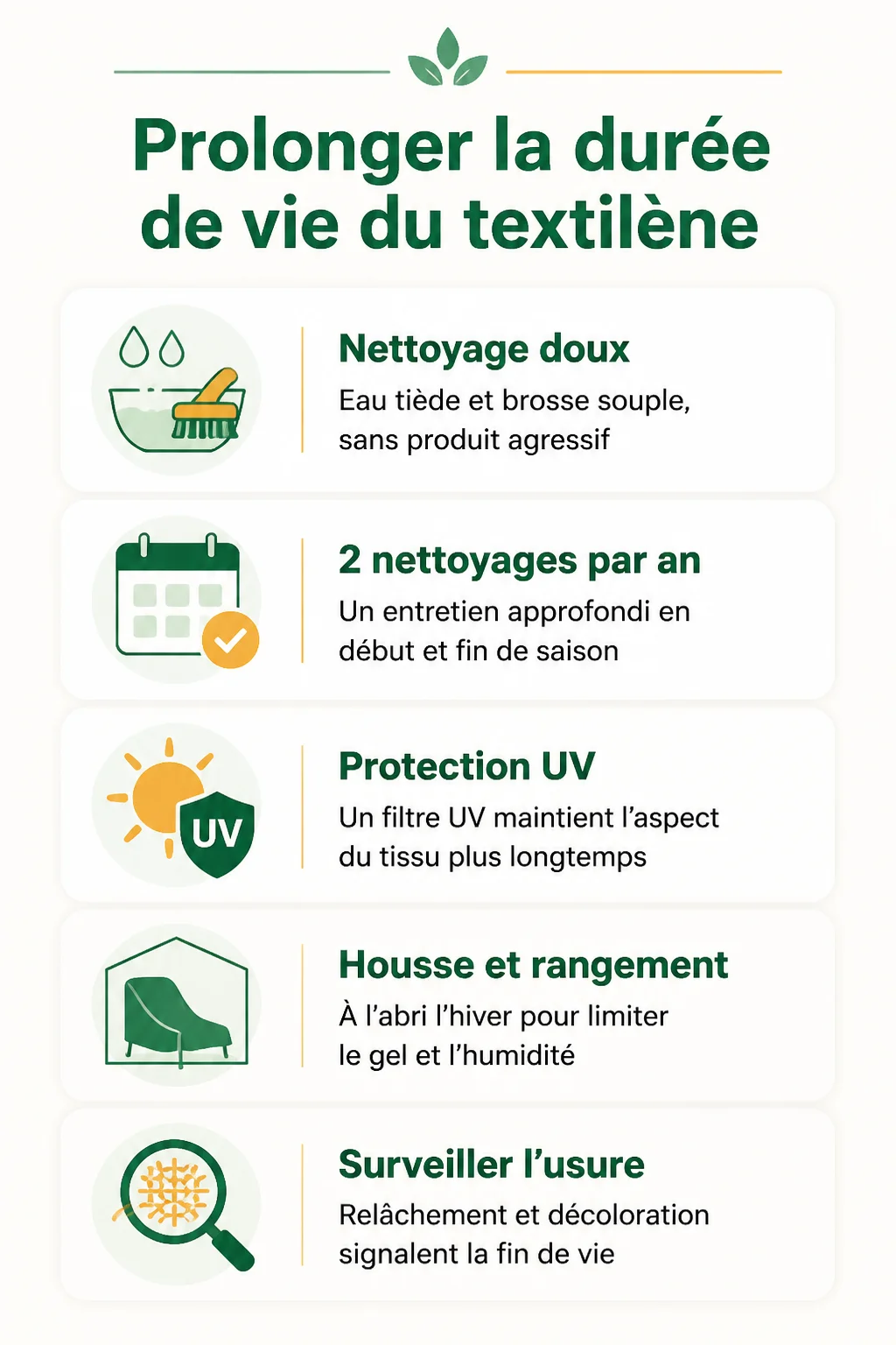 Prolonger la durée de vie du textilène : Nettoyage doux, 2 nettoyages par an, Protection UV, Housse et rangement, Surveiller l'usure