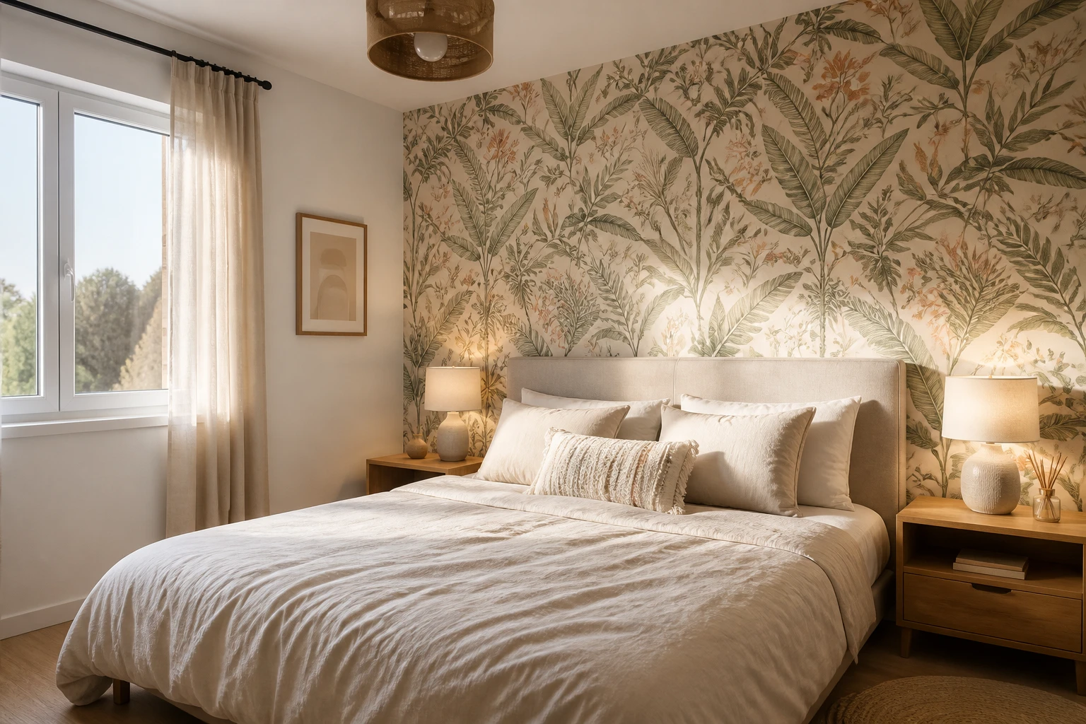 Chambre avec papier peint à motif botanique derrière une tête de lit double