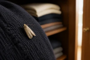 Mite des vêtements posée sur un pull en laine dans un placard sombre, vue de près