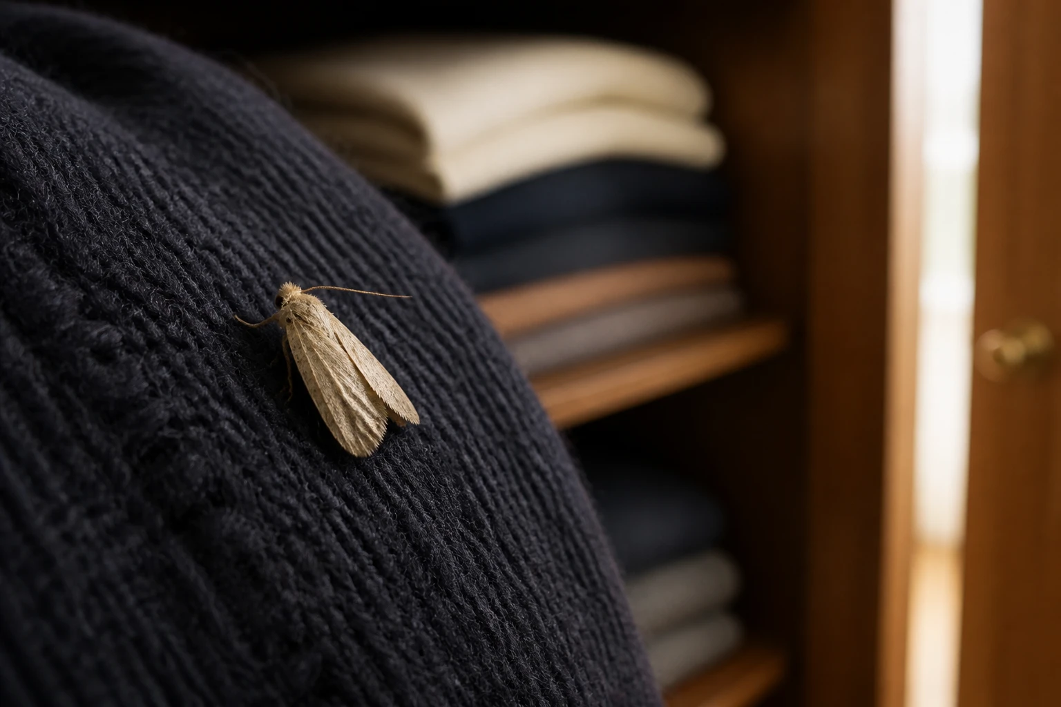 Mite des vêtements posée sur un pull en laine dans un placard sombre, vue de près