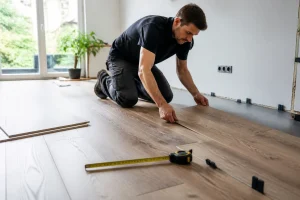 Poseur agenouillé installant des lames de parquet stratifié dans un salon lumineux