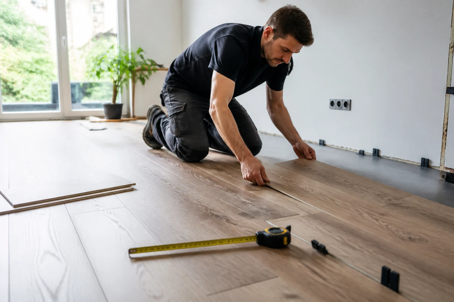 Poseur agenouillé installant des lames de parquet stratifié dans un salon lumineux