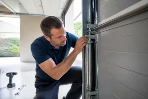 Technicien inspectant les rails et ressorts d'une porte de garage sectionnelle