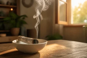Bâton de sauge blanche allumé dans une coupelle en céramique sur table en bois, fumée blanche dans la lumière