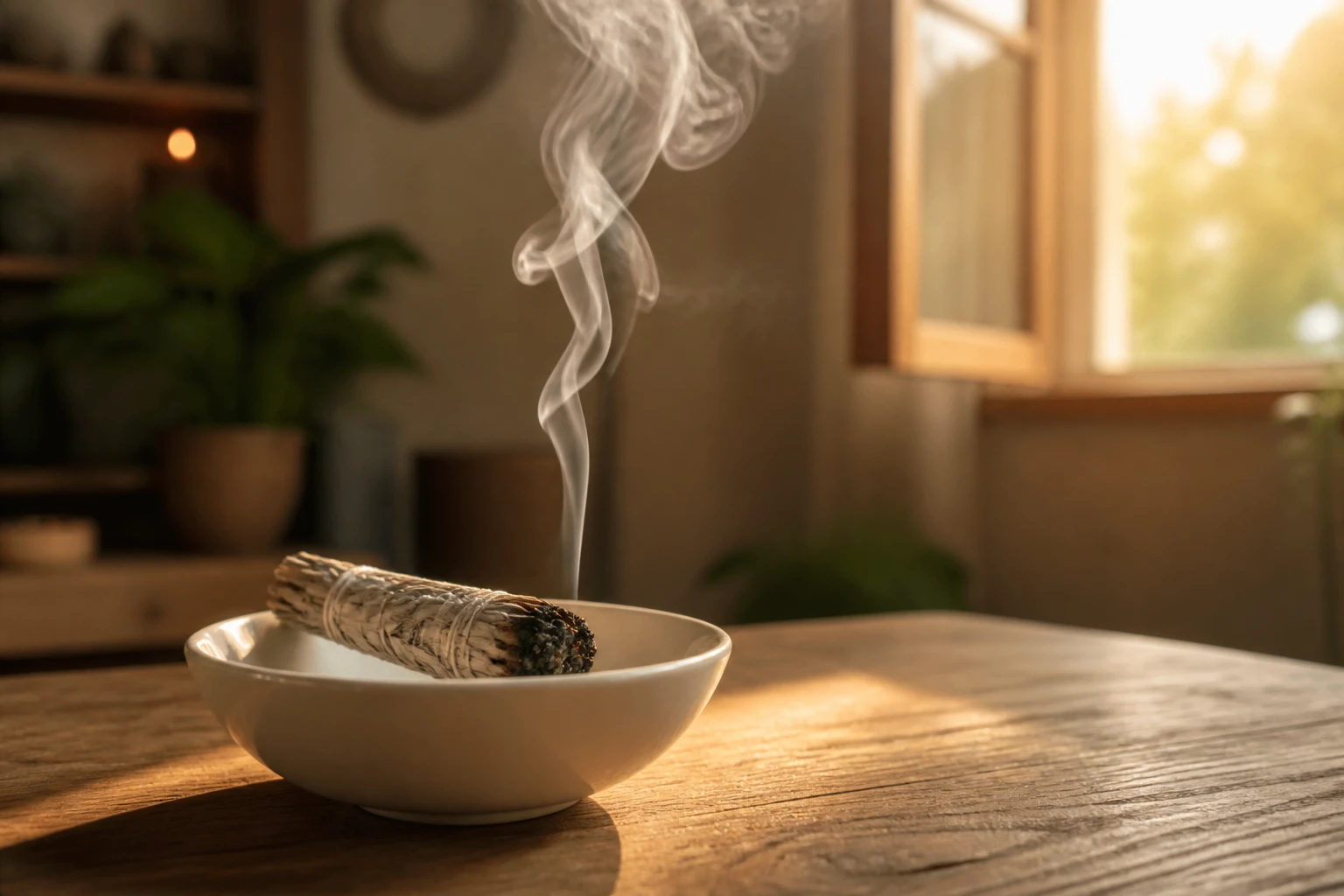 Bâton de sauge blanche allumé dans une coupelle en céramique sur table en bois, fumée blanche dans la lumière