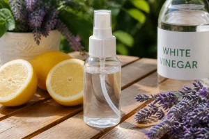 Flacon spray répulsif chien maison posé sur une table de jardin avec citrons et vinaigre blanc