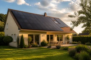 Toiture de maison individuelle équipée de panneaux photovoltaïques en 2026