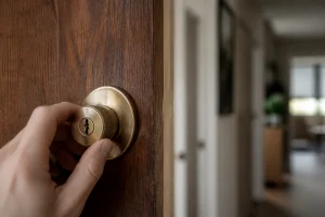 Main actionnant un bouton moleté de serrure sur une porte d'entrée en bois