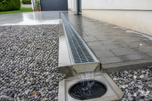 Caniveau eau pluviale avec grille métallique posé le long d'une allée pavée, évacuation vers un regard