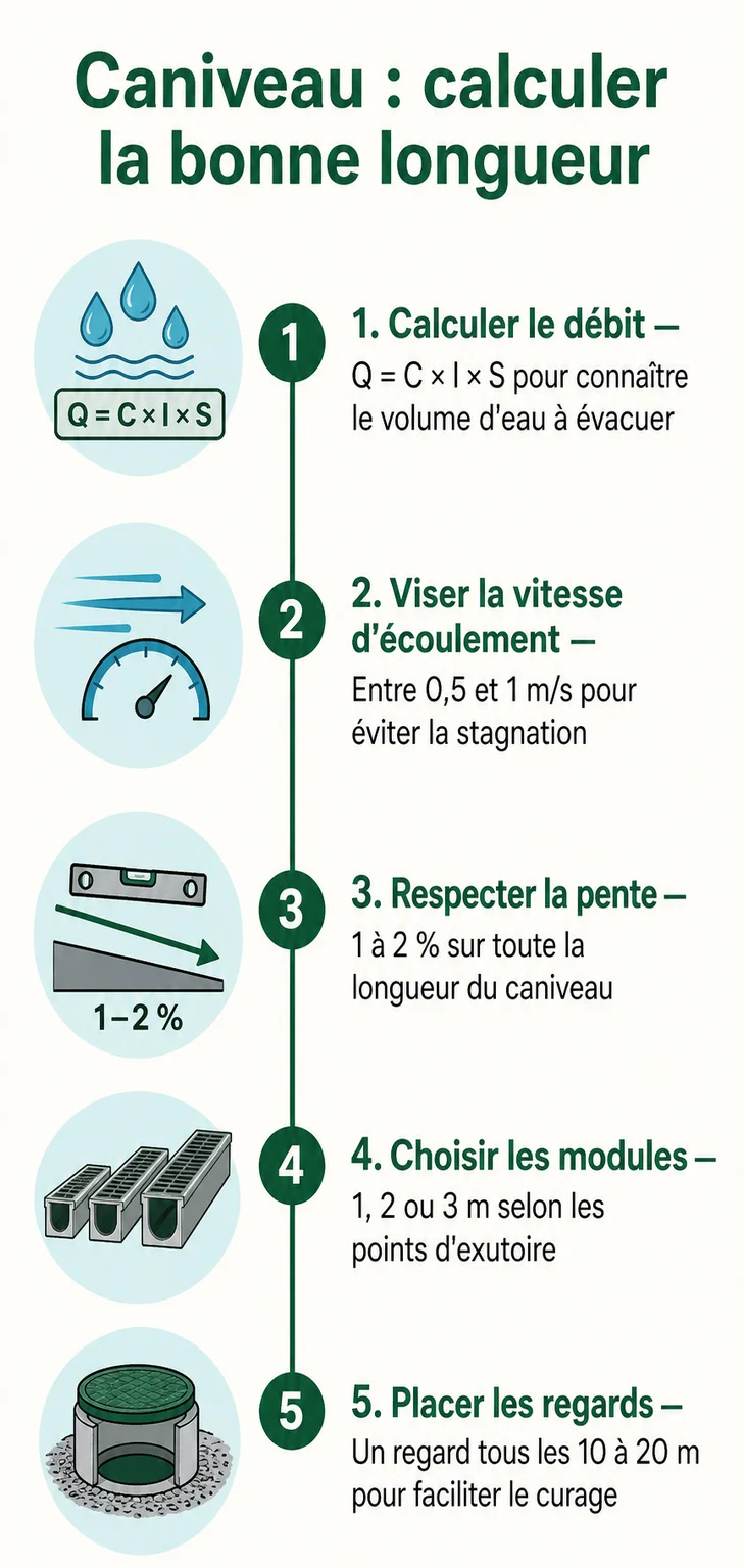 Caniveau : calculer la bonne longueur : 1. Calculer le débit, 2. Viser la vitesse d'écoulement, 3. Respecter la pente, 4. Choisir les modules, 5. Placer les regards